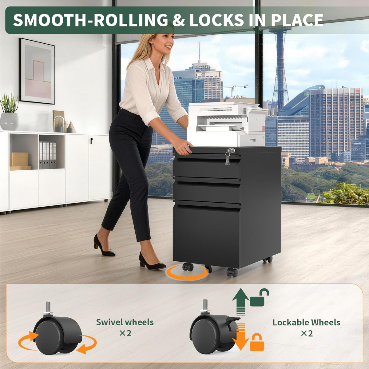 3 Drawer Black Steel File Cabinet with Lock A505524