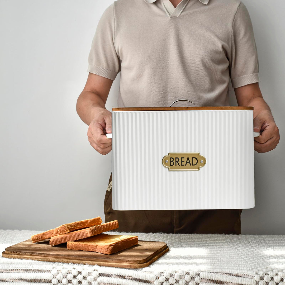 Extra Large White Vertical Stripes Bread Box with Wood Lid B83873