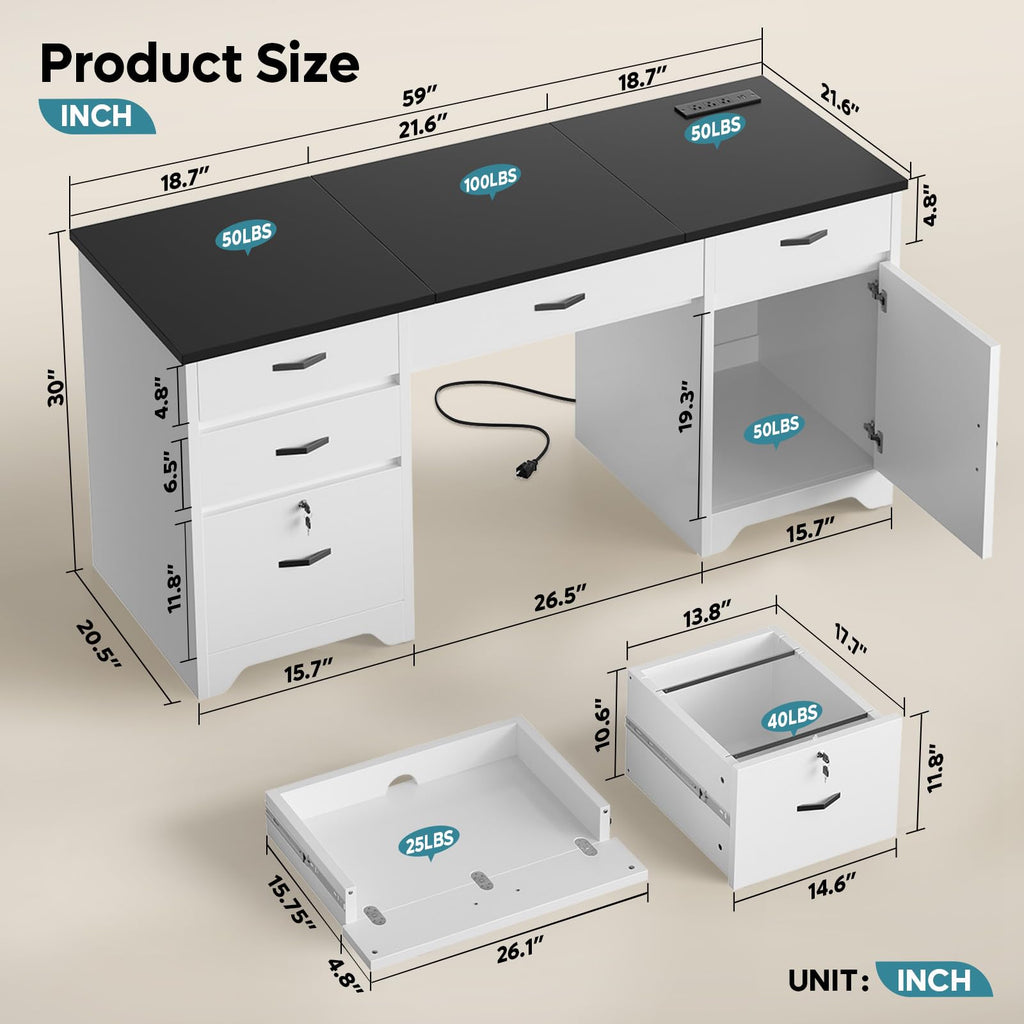 White Office Desk with Lockable Drawers and Charging Station E48937