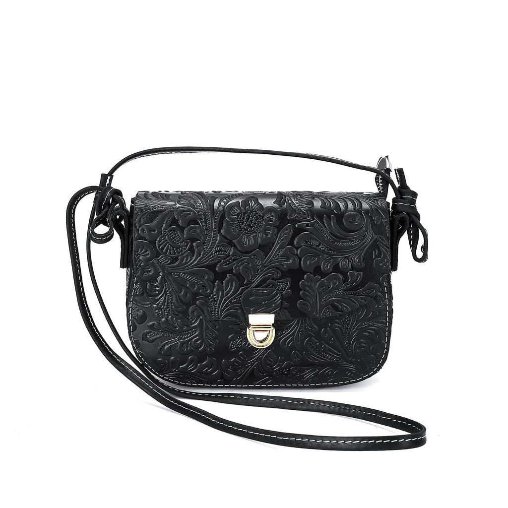 Genuine Leather Floral Embossed Crossbody Bag I89040