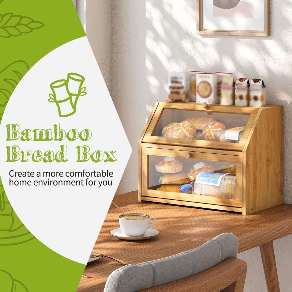 Double Layer Bamboo Wooden Bread Box W44052