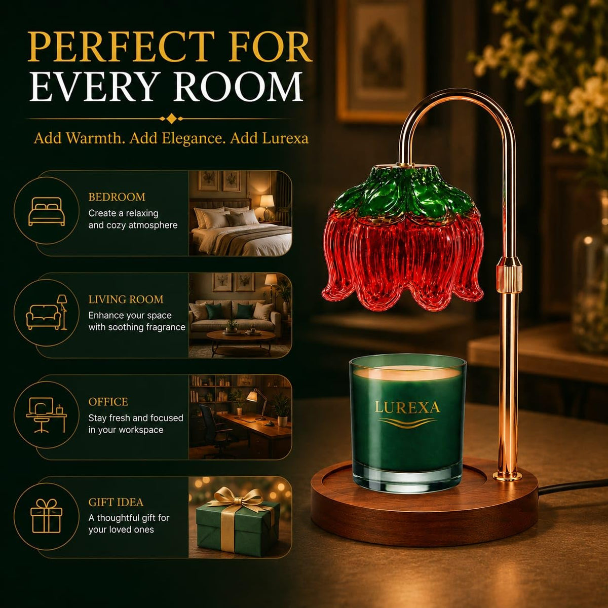 Adjustable Height Candle Warmer Lamp with Timer & Dimmer, Glass Lotus Wax Warmer, 2 GU10 50W Bulbs, Wooden Base E31984