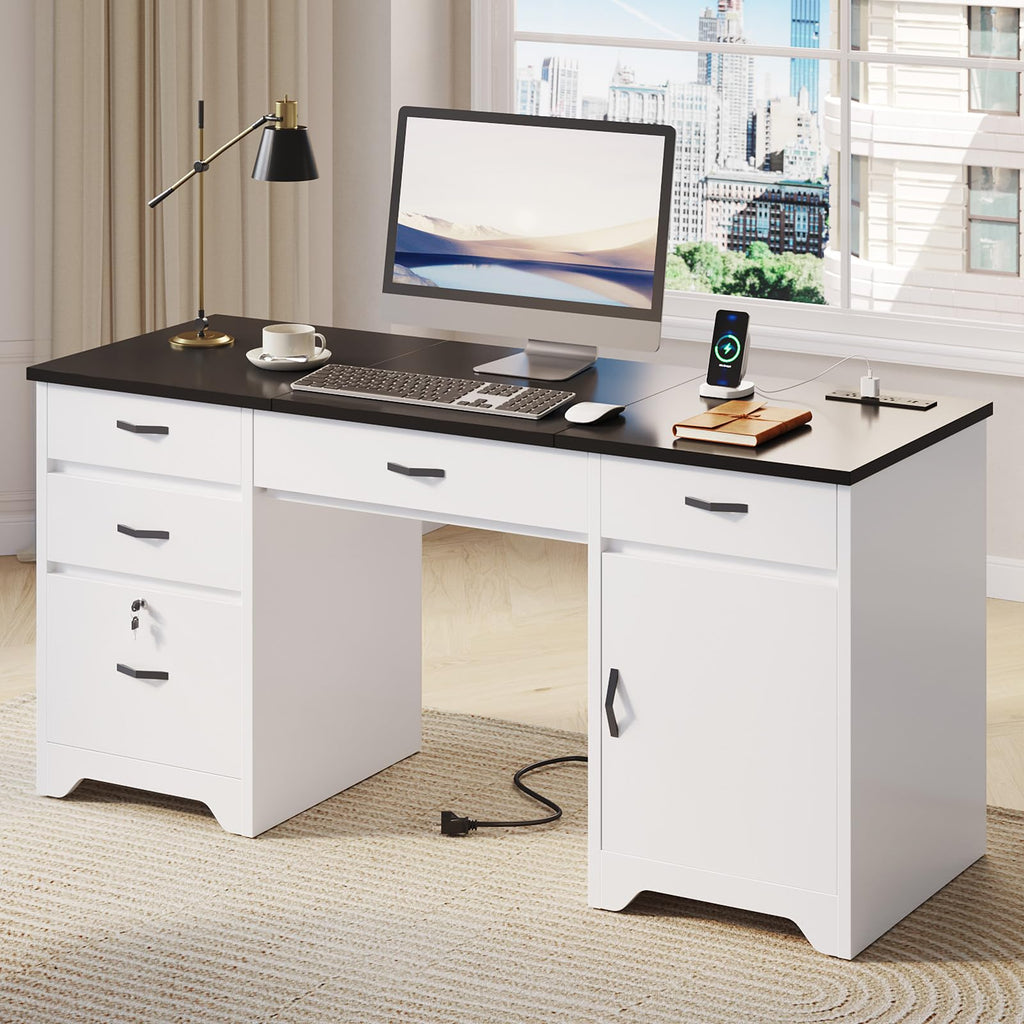 White Office Desk with Lockable Drawers and Charging Station E48937