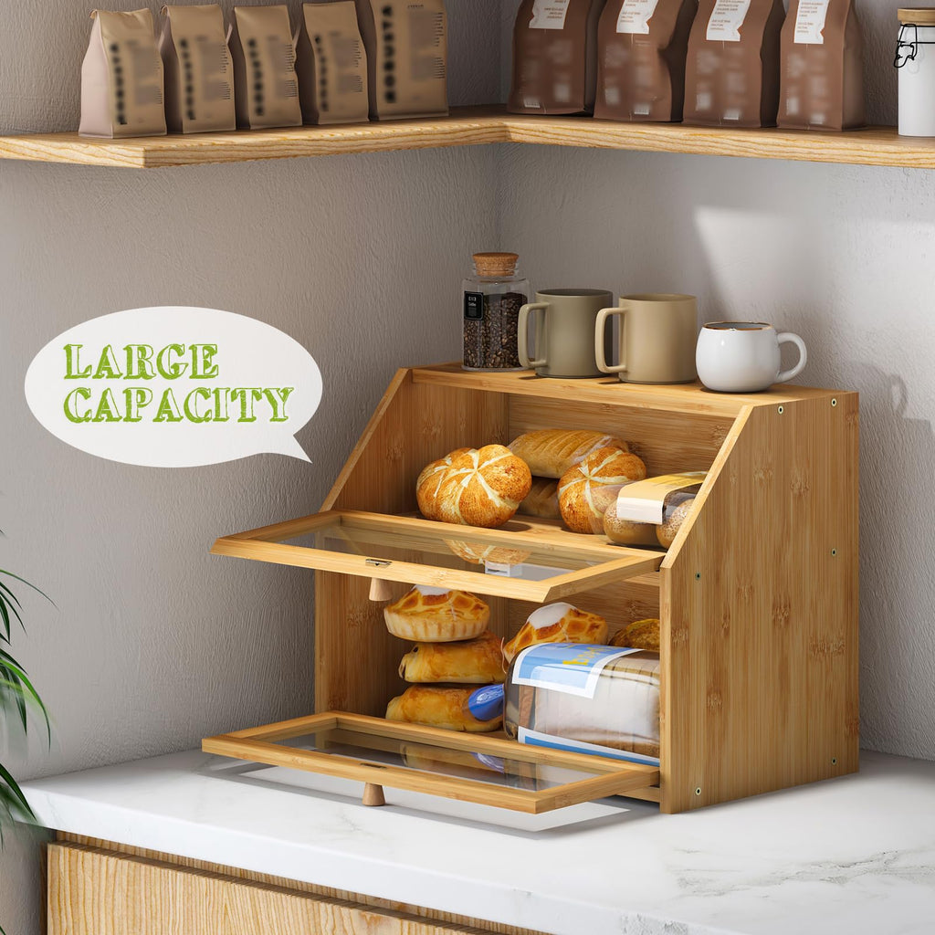 Double Layer Bamboo Wooden Bread Box W44052