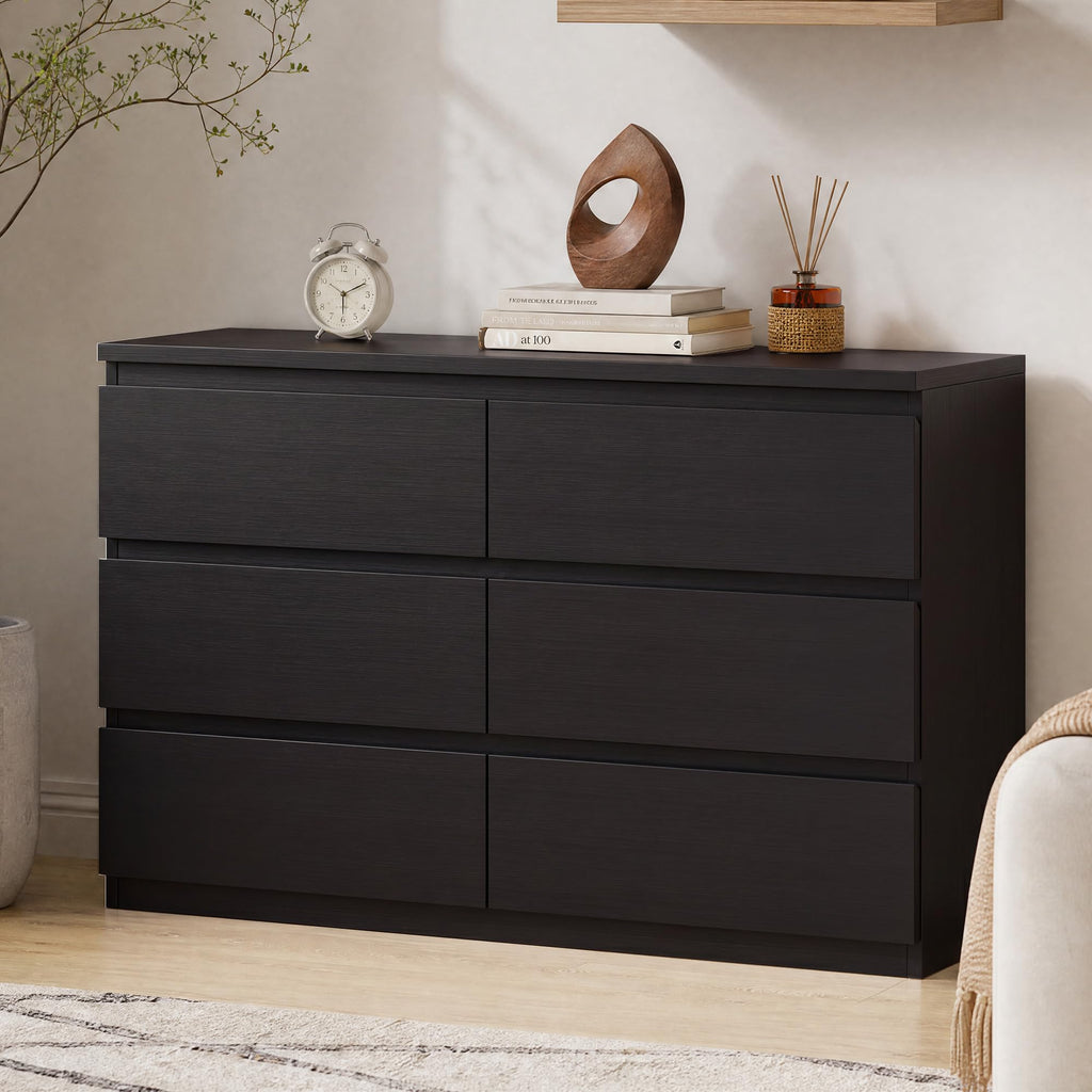Black 6 Drawer Wood Double Dresser V459
