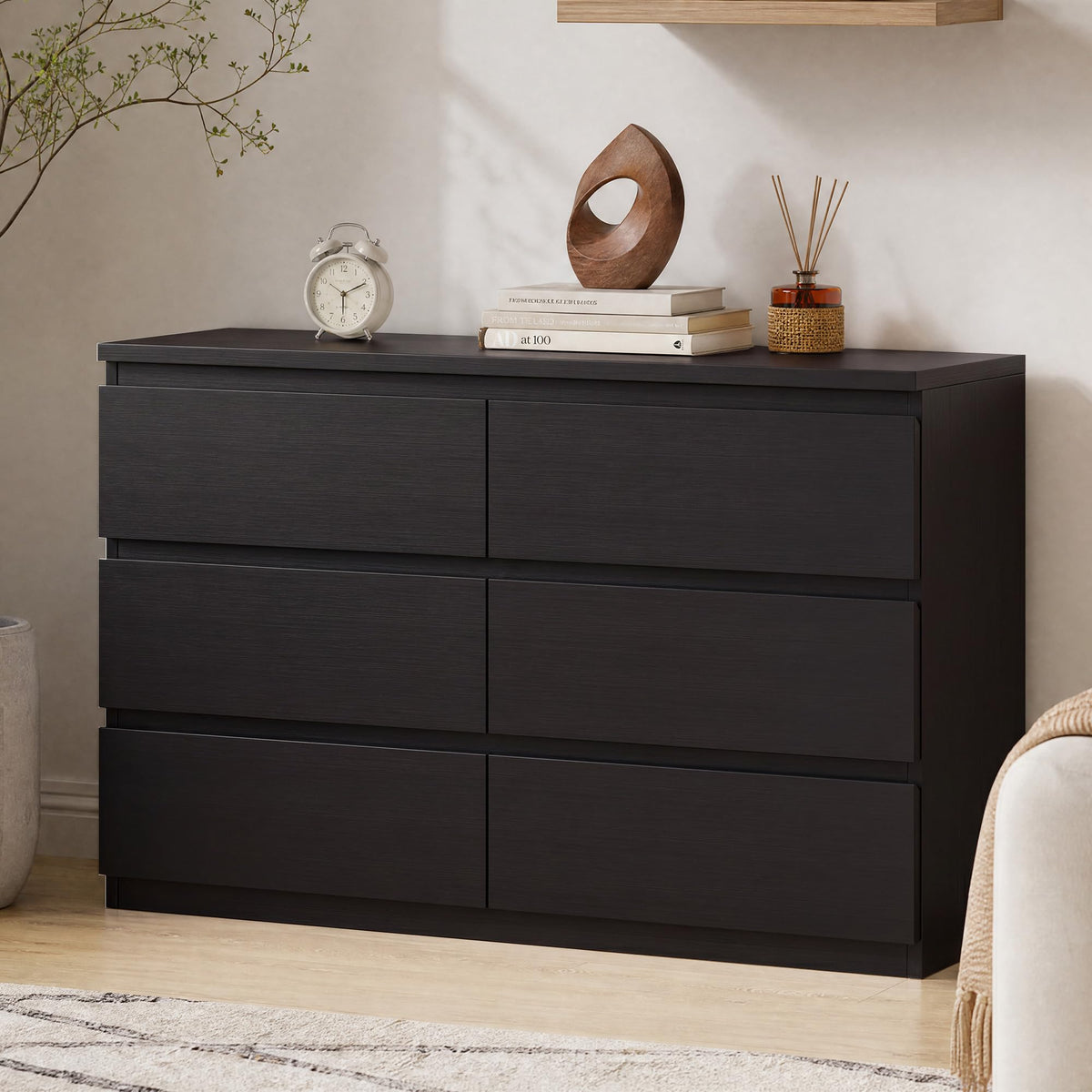 Black 6 Drawer Wood Double Dresser V459