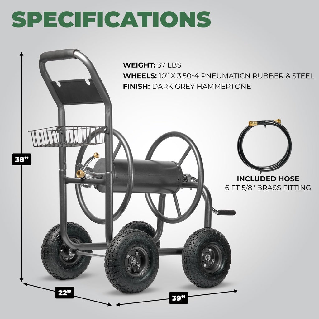 Hose Reel Cart with Wheels, 300-Feet Capacity, Grey L3492