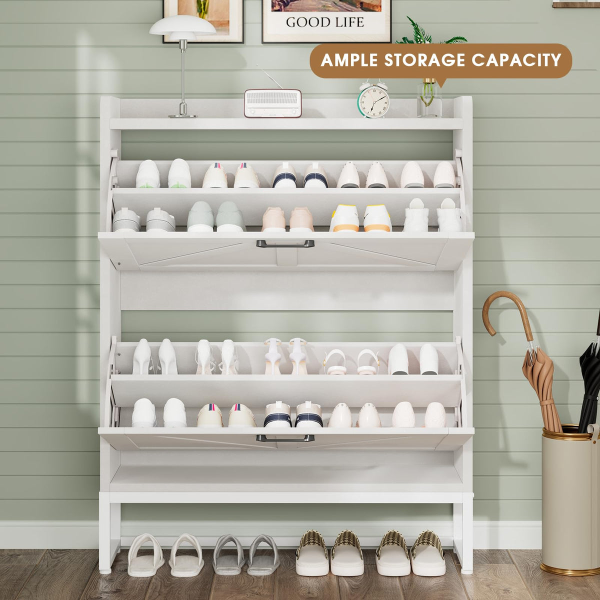 White 2 Flip Drawers Shoe Storage Cabinet E5389