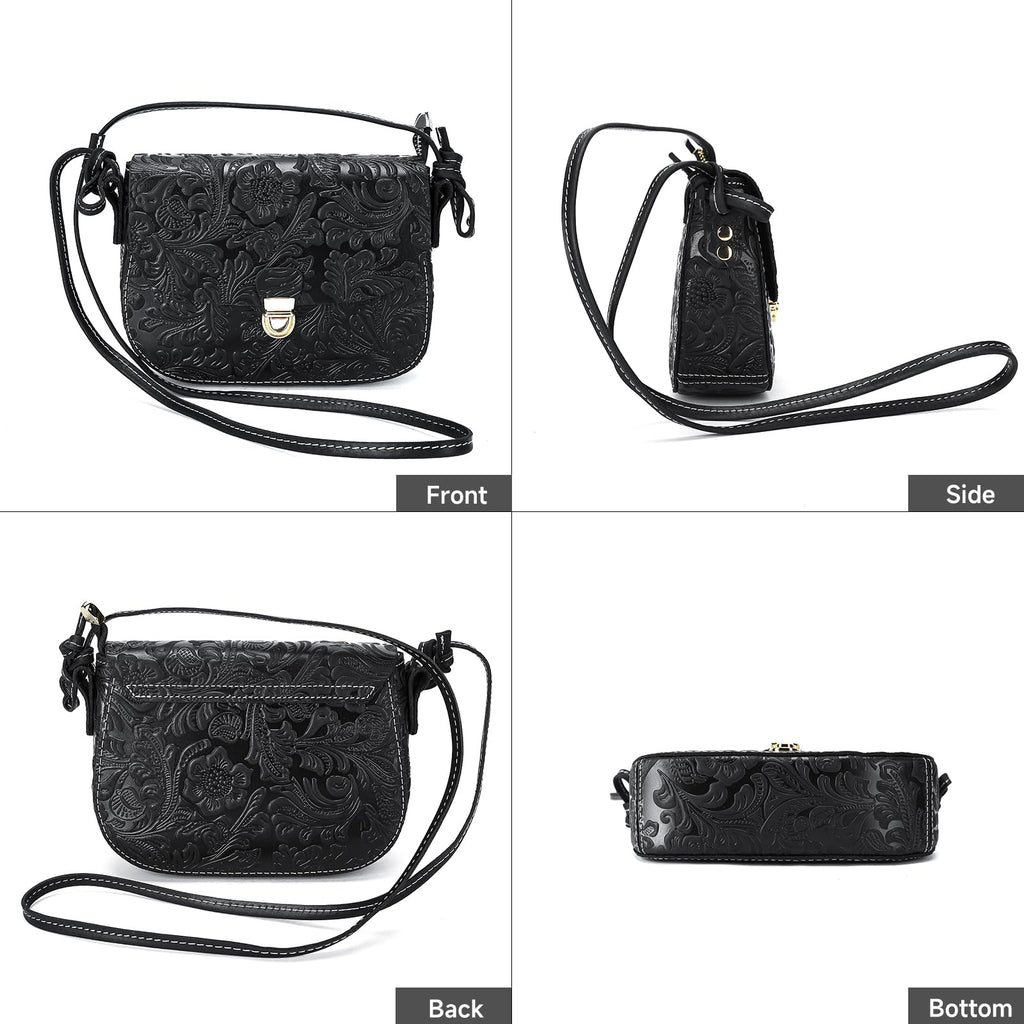 Genuine Leather Floral Embossed Crossbody Bag I89040