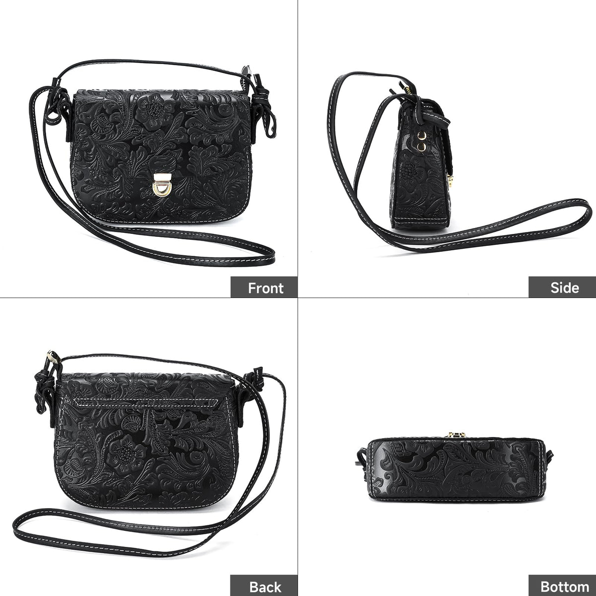Genuine Leather Floral Embossed Crossbody Bag I89040