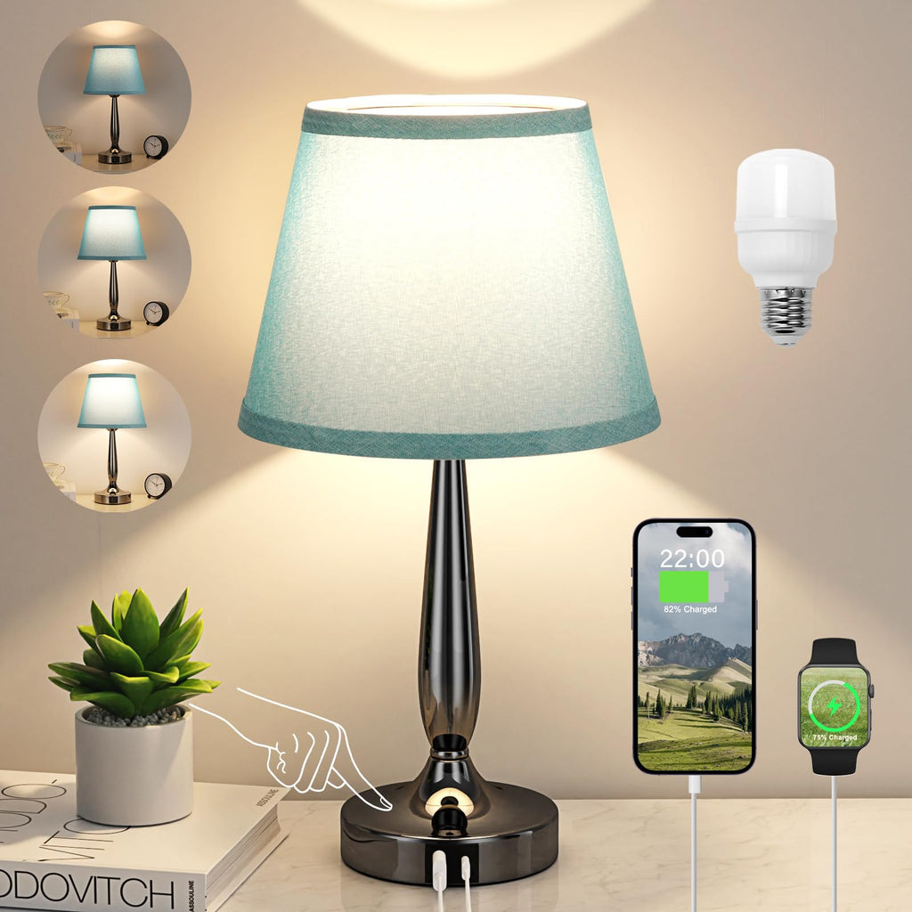 Touch Bedside Lamp with USB C Port, 3 Way Dimmable Turquoise Blue J557