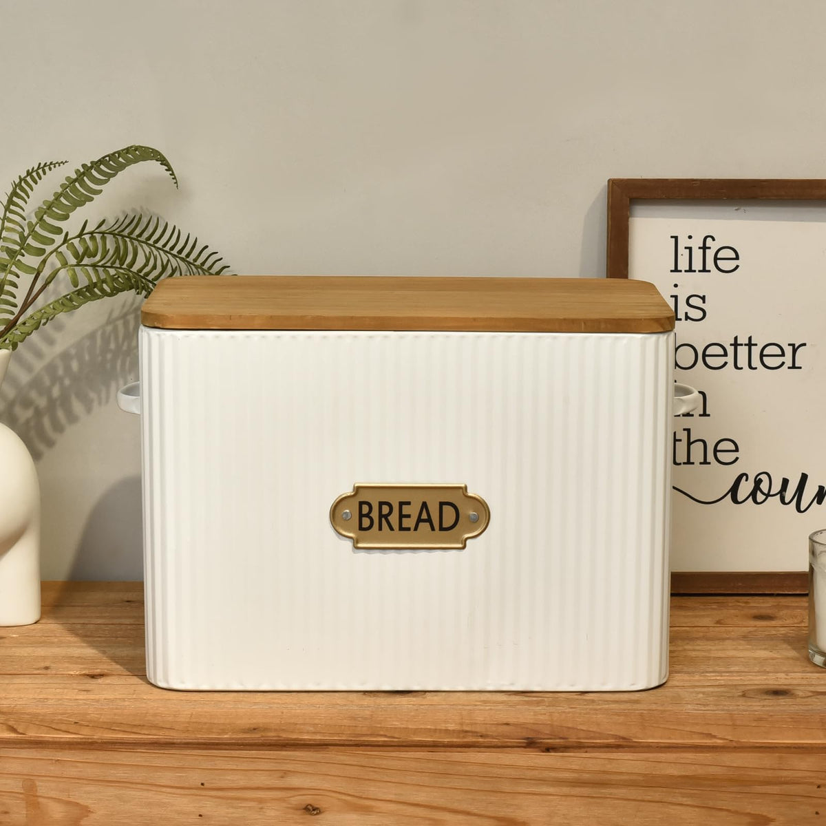 Extra Large White Vertical Stripes Bread Box with Wood Lid B83873