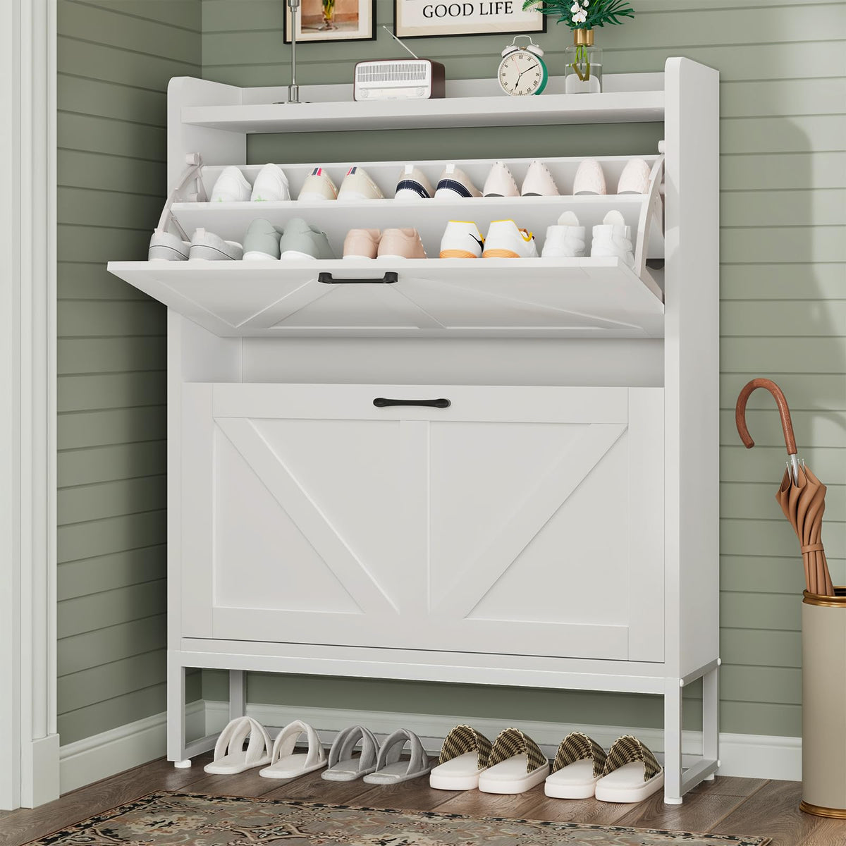 White 2 Flip Drawers Shoe Storage Cabinet E5389
