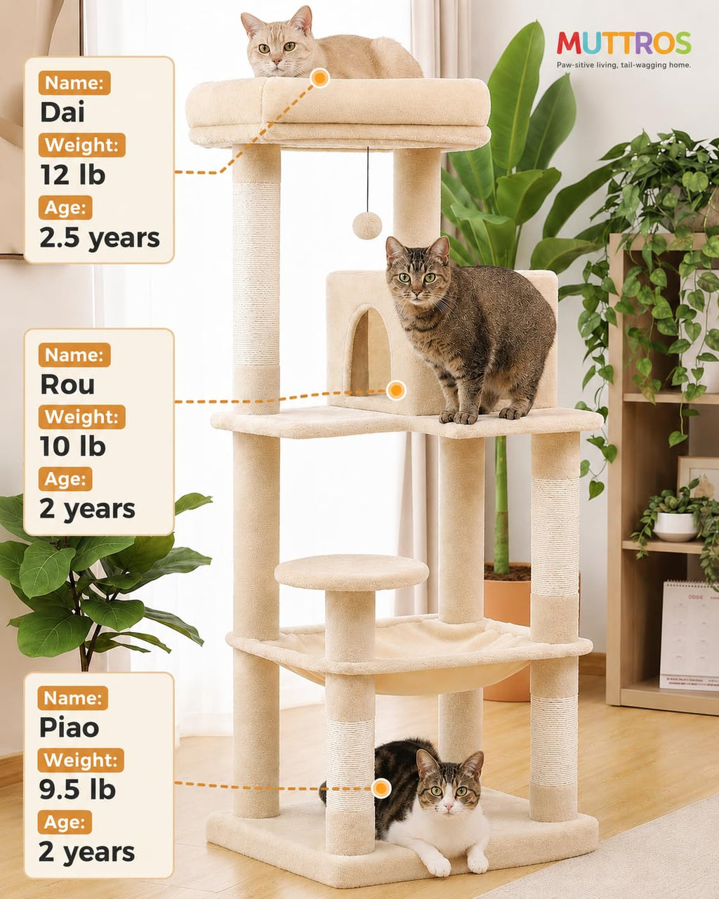 Beige 56.3" 6-Tier Cat Tree with Hammock and Condo C1531