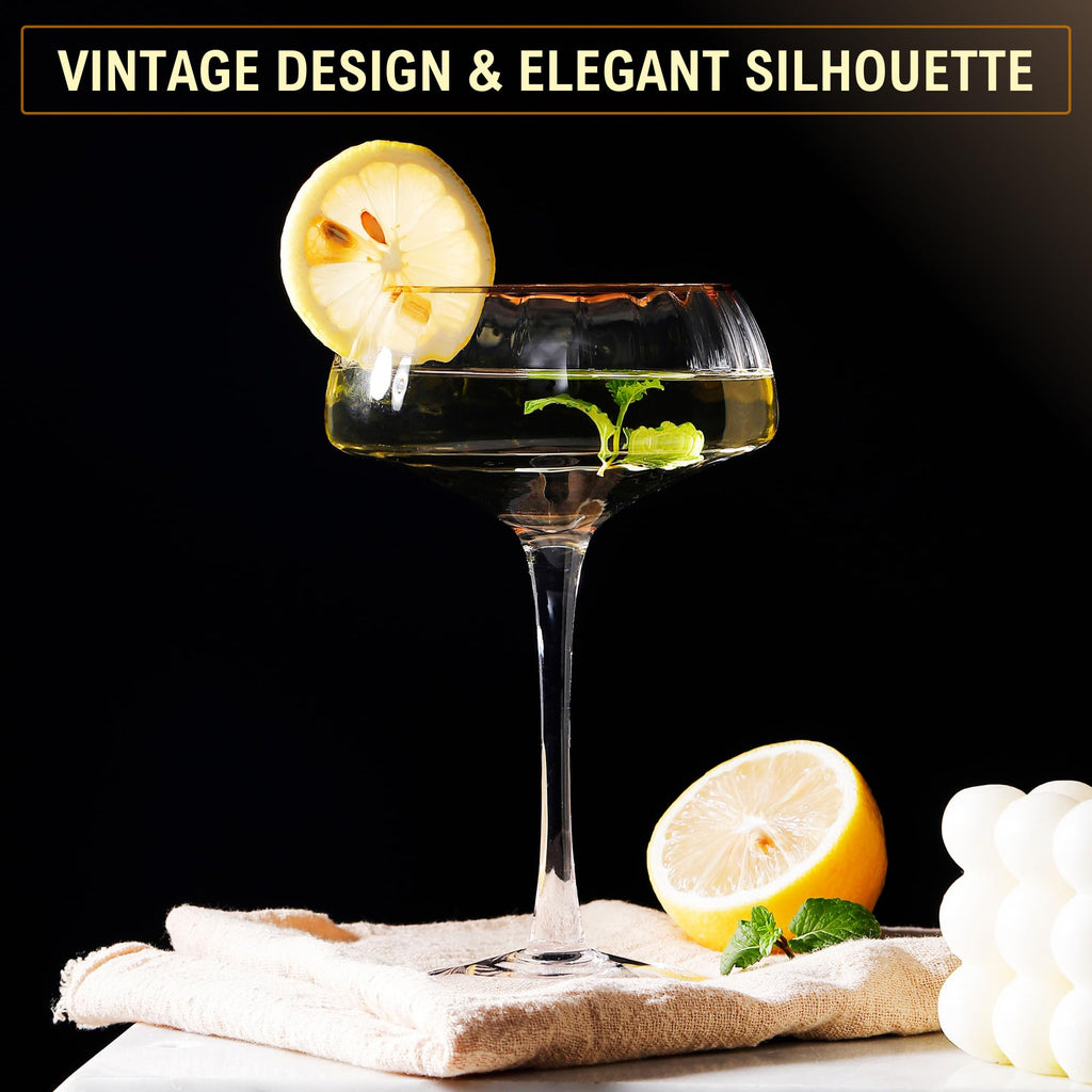 Coupe Glasses Set of 4 Hand Blown 8.45 oz Gold Rim R999
