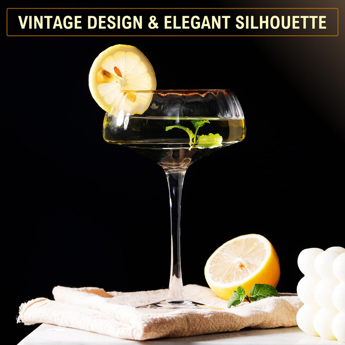 Coupe Glasses Set of 4 Hand Blown 8.45 oz Gold Rim R999