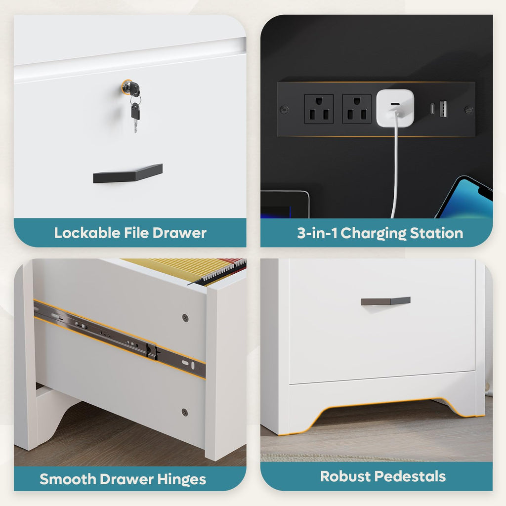 White Office Desk with Lockable Drawers and Charging Station E48937