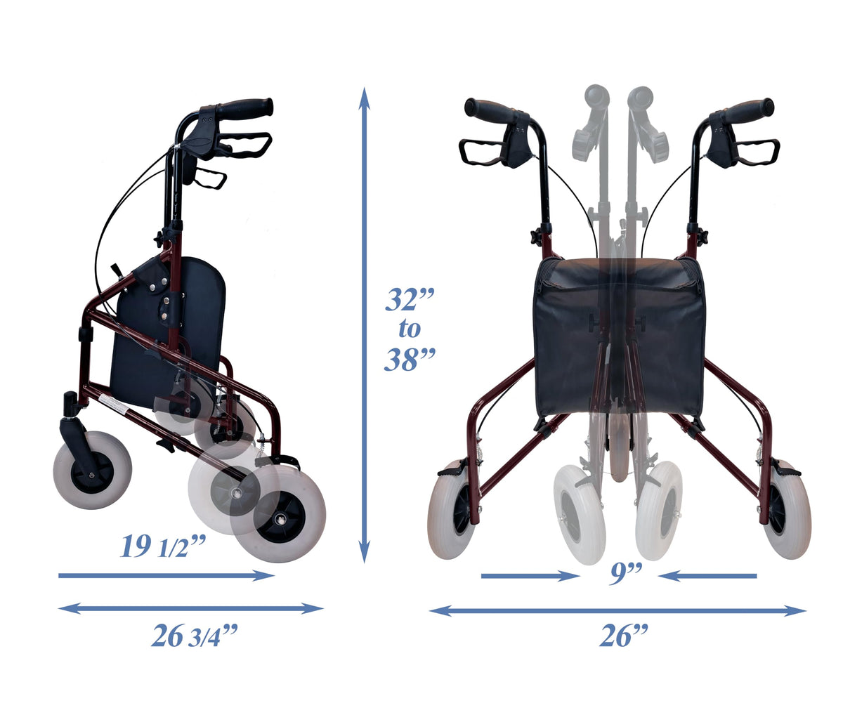 Lightweight Retractable 3 Wheel Walker with Balloon Tires T76958