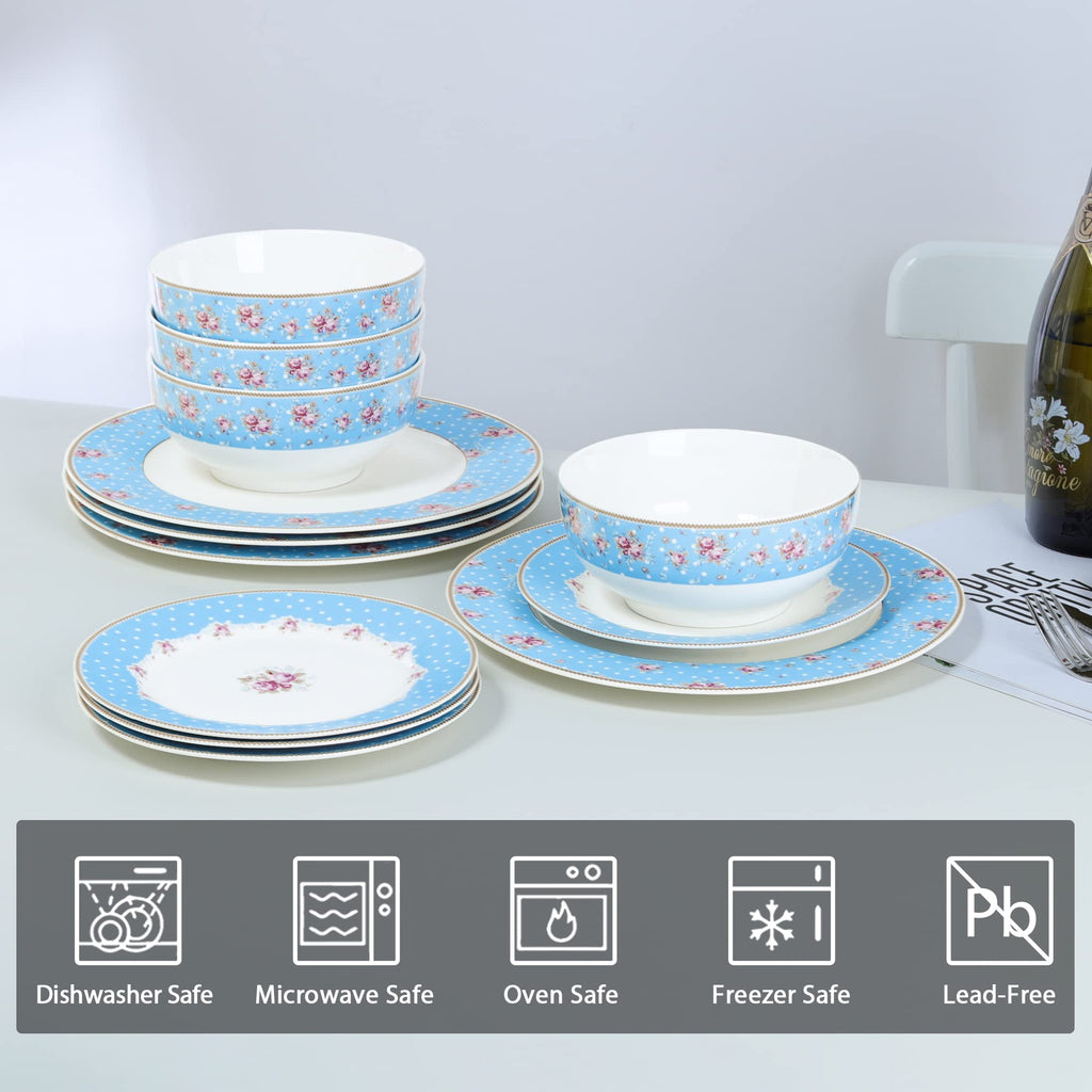 12 Piece Blue Floral Ceramic Dinnerware Set C206912