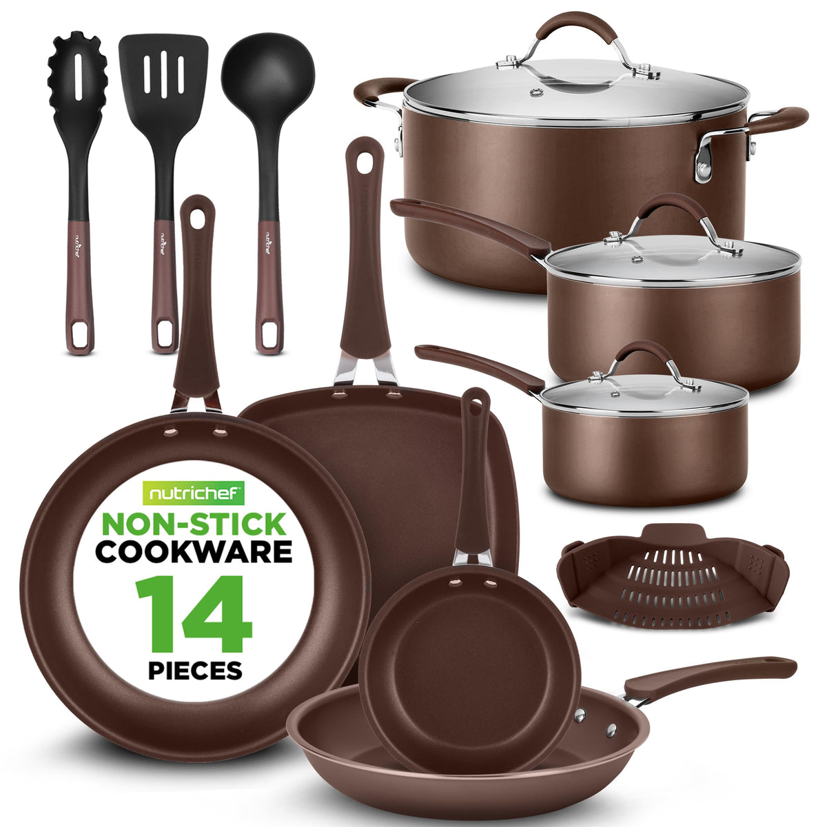14-Piece Nonstick Brown Cookware Set K739