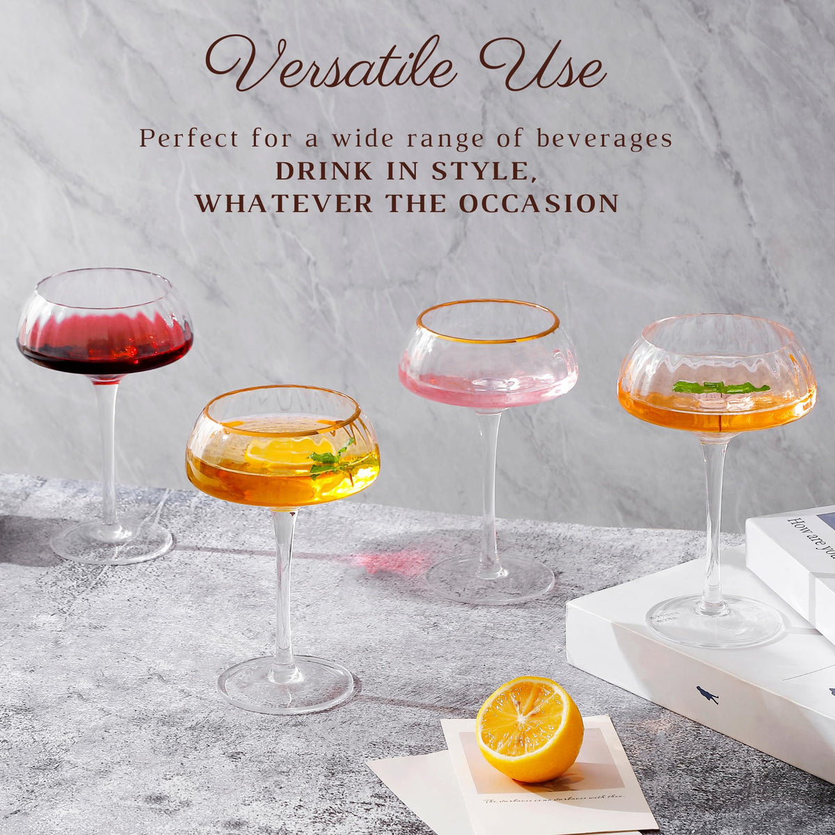 Coupe Glasses Set of 4 Hand Blown 8.45 oz Gold Rim R999