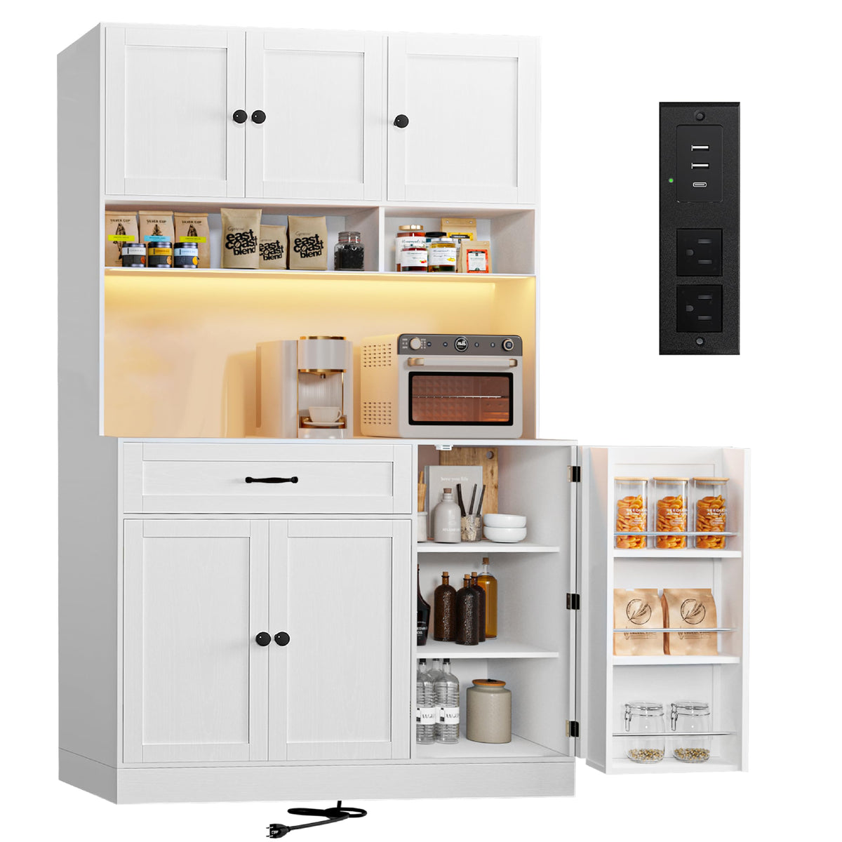 72" Kitchen Pantry Cabinet with LED Light and Charging Station F773