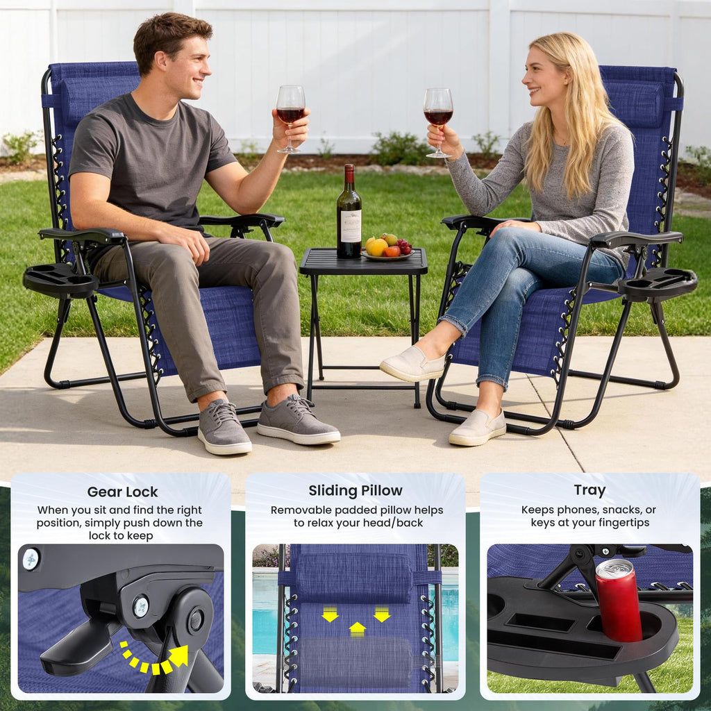 2 Pack Blue 7-Position Adjustable Zero Gravity Chairs with Tray N842366