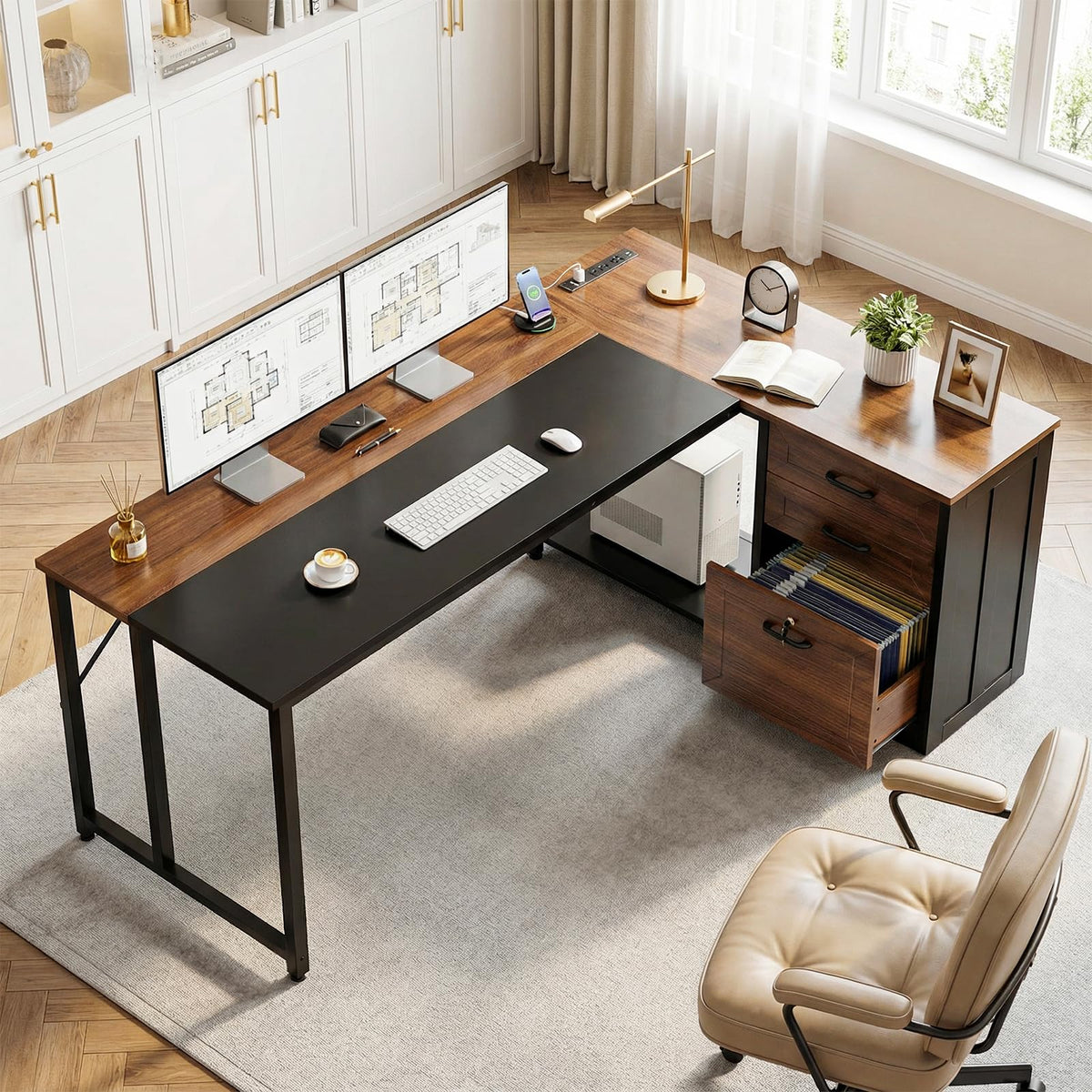 61" L Shaped Office Desk with Wood Drawers T30418