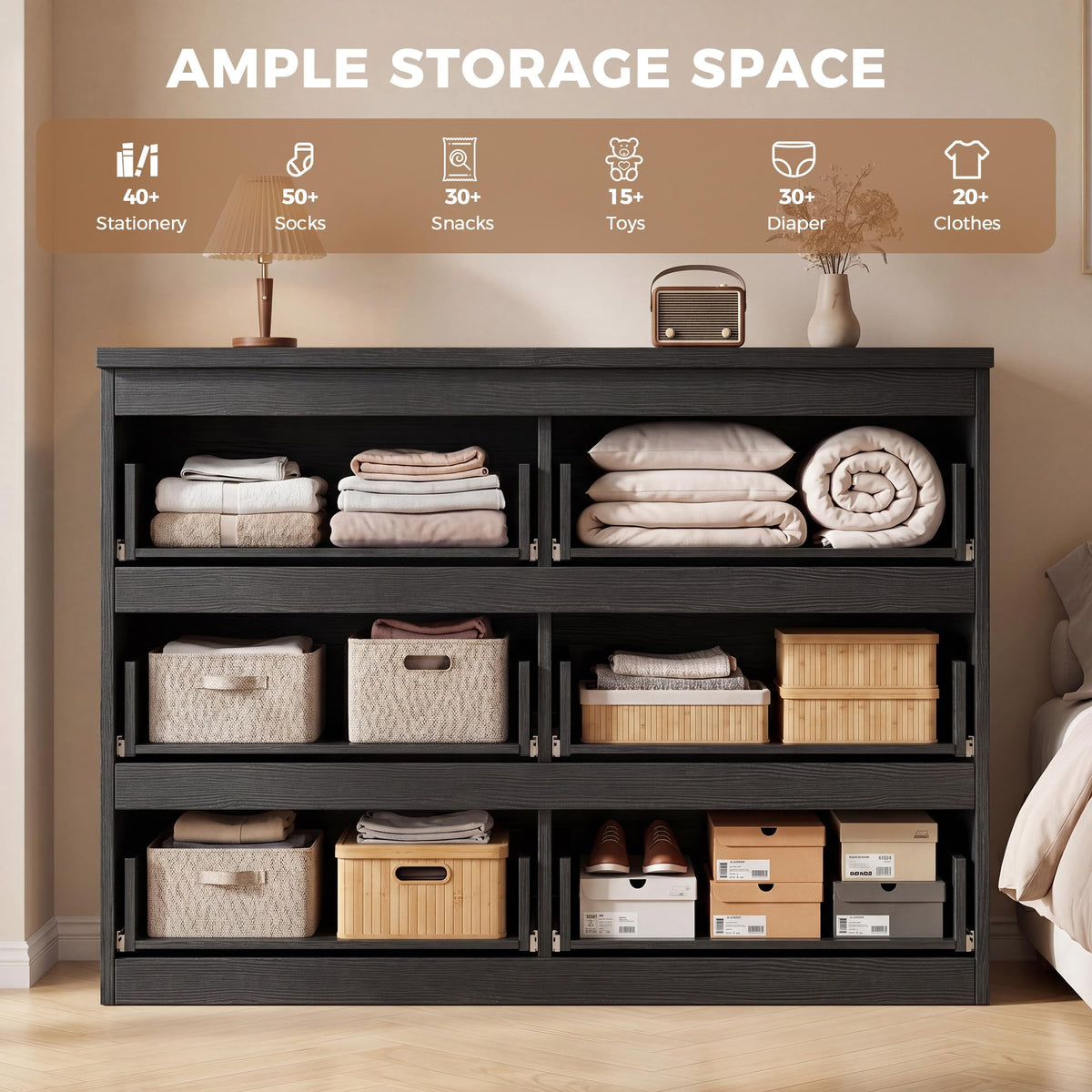 Black 6 Drawer Wood Double Dresser V459