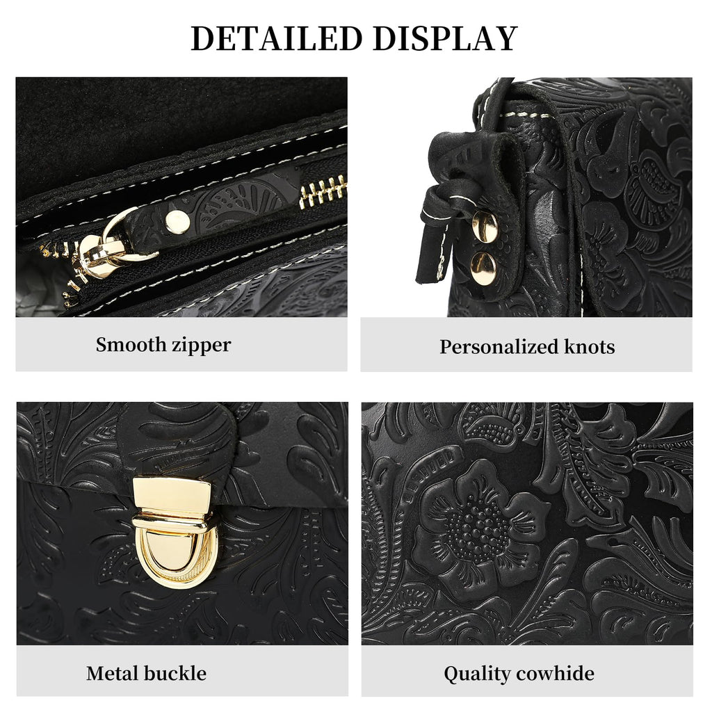 Genuine Leather Floral Embossed Crossbody Bag I89040