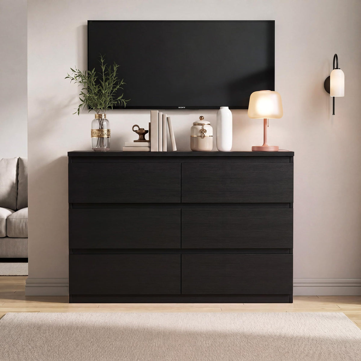 Black 6 Drawer Wood Double Dresser V459