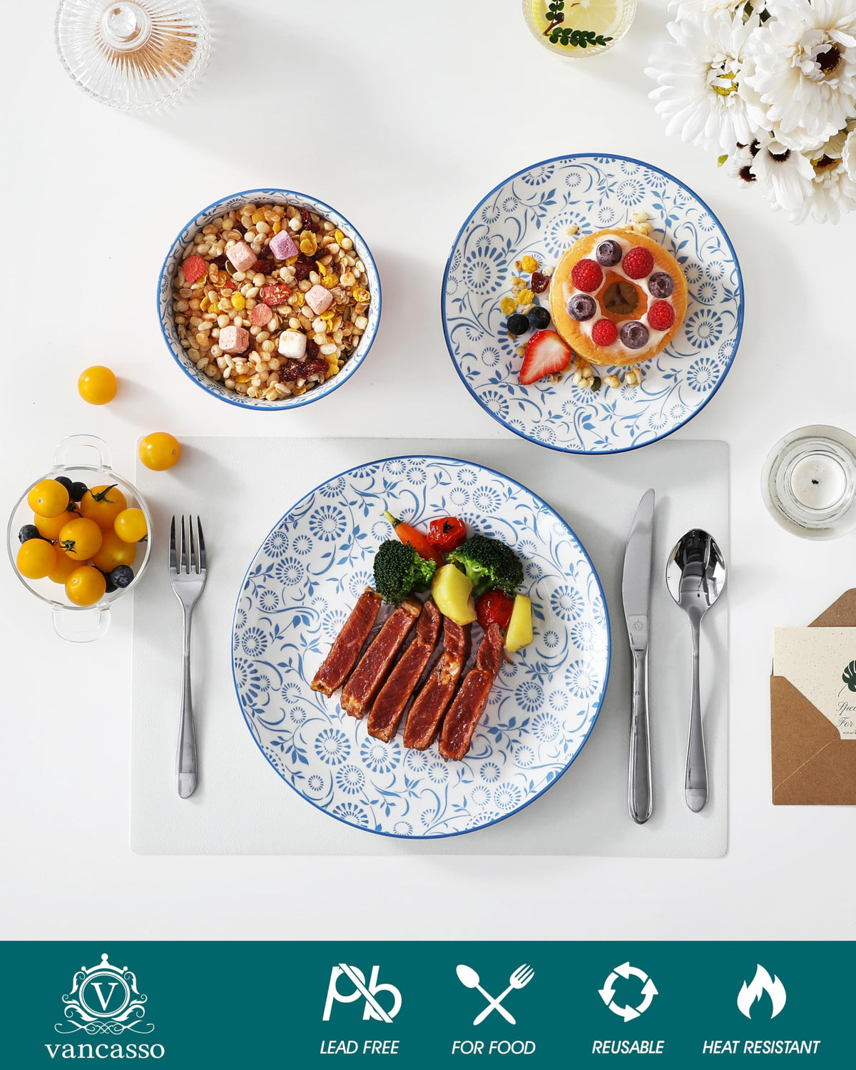 Plates and Bowls Set for 4, 12 Pieces Porcelain Dinnerware F9071