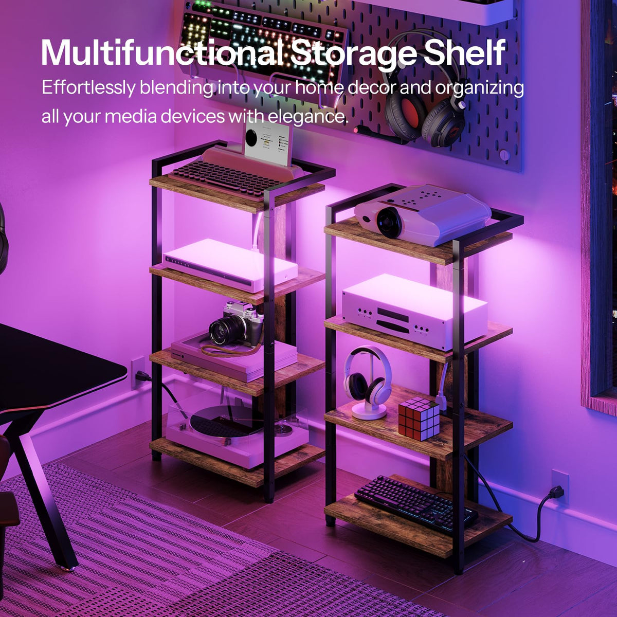 4-Tier Media Stand with Charging Station & LED Light S512