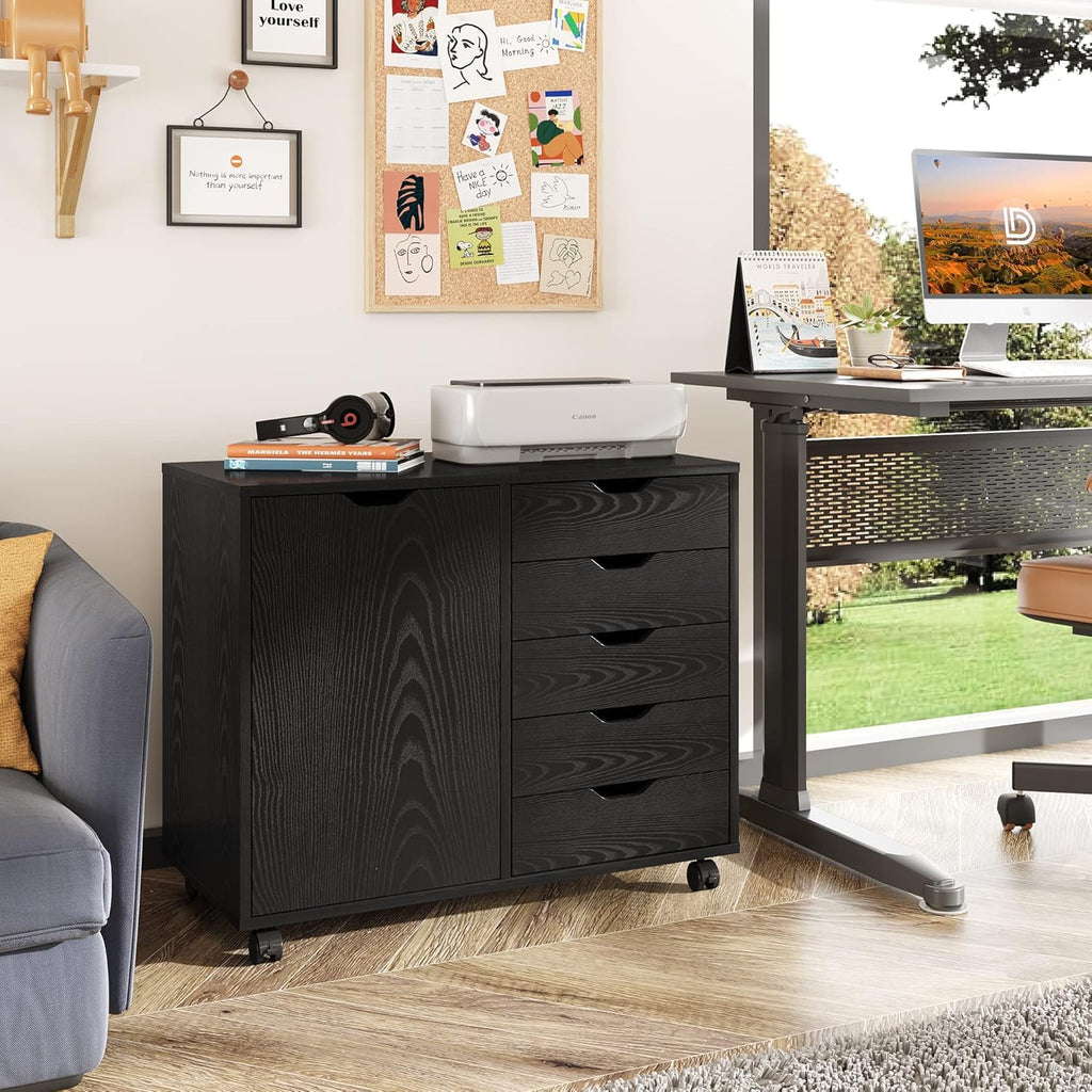 Black 5 Drawer Wood Storage Cabinet with Wheels M2098