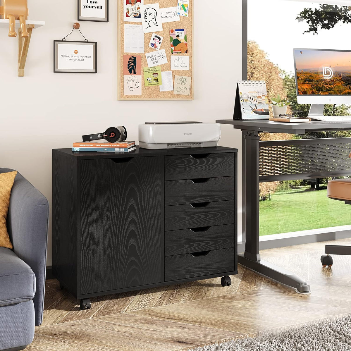 Black 5 Drawer Wood Storage Cabinet with Wheels M2098