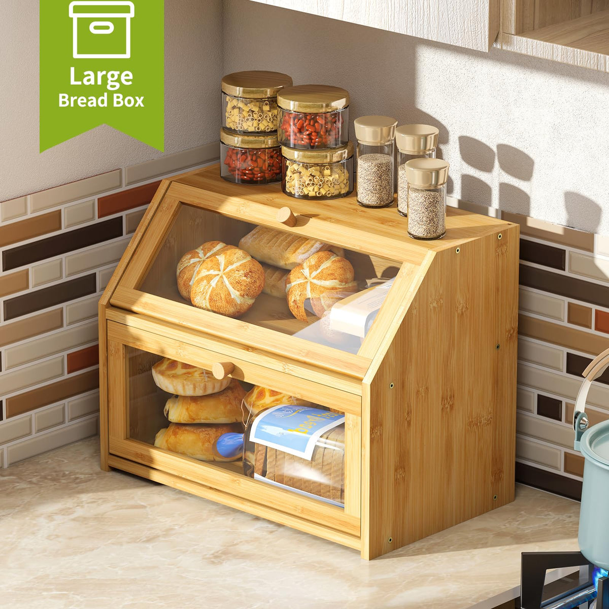 Double Layer Bamboo Wooden Bread Box W44052