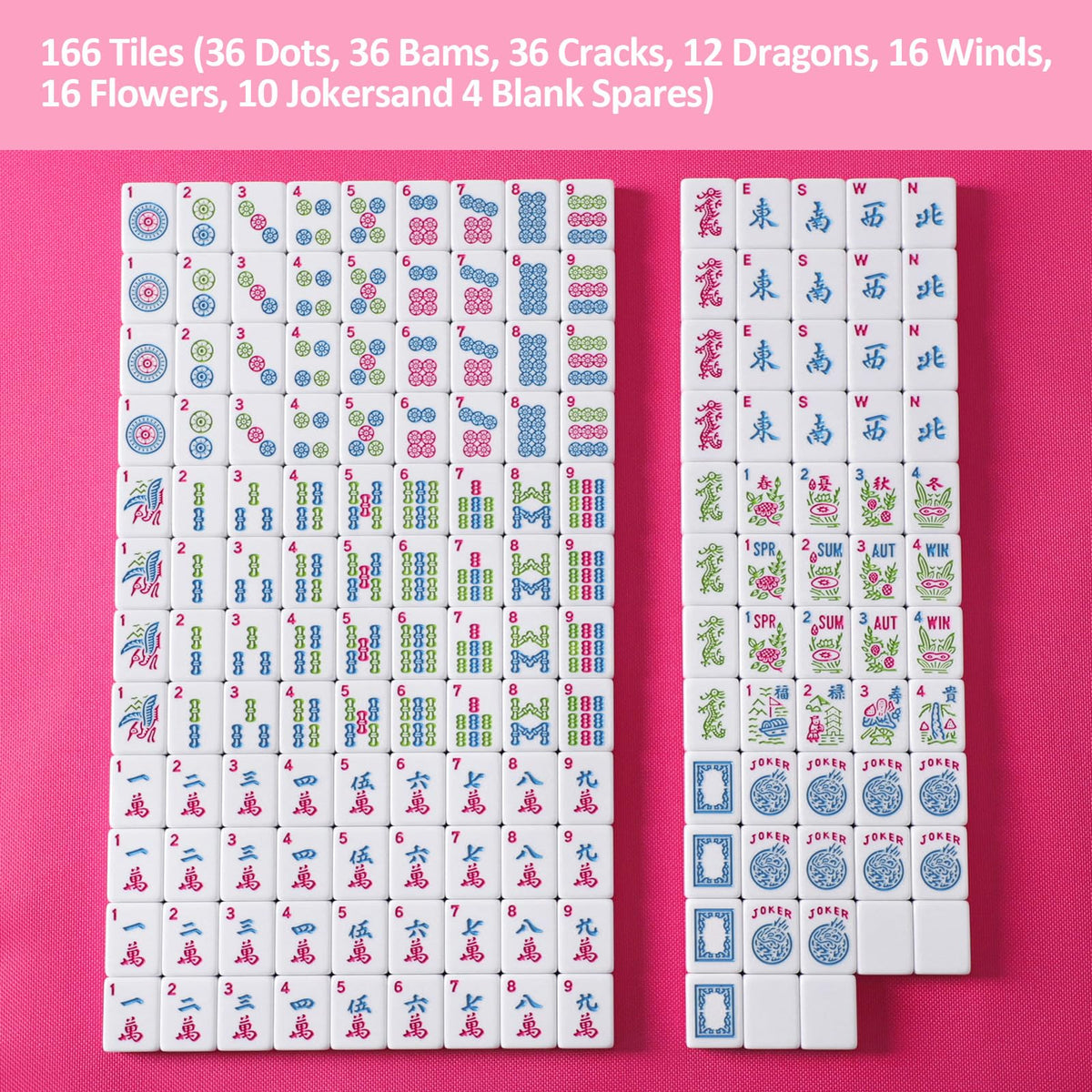 American Mahjong Tile Set, 166 Mahjong Game Set with Pink Color W179