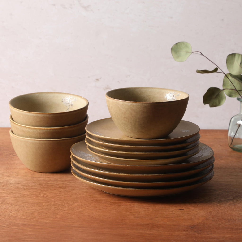 12 Piece Taupe Floral Dinnerware Set X821