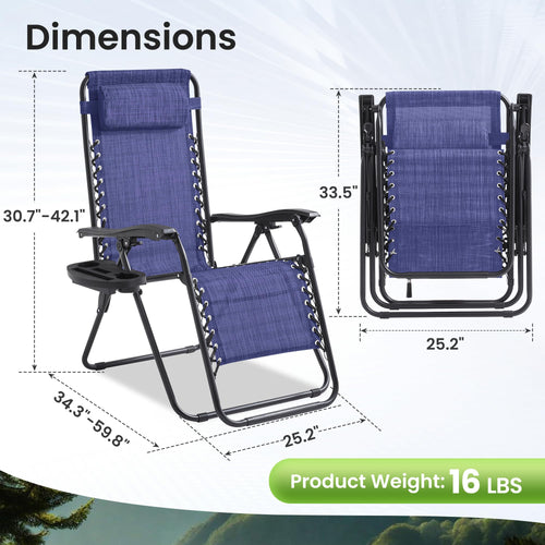 2 Pack Blue 7-Position Adjustable Zero Gravity Chairs with Tray N842366