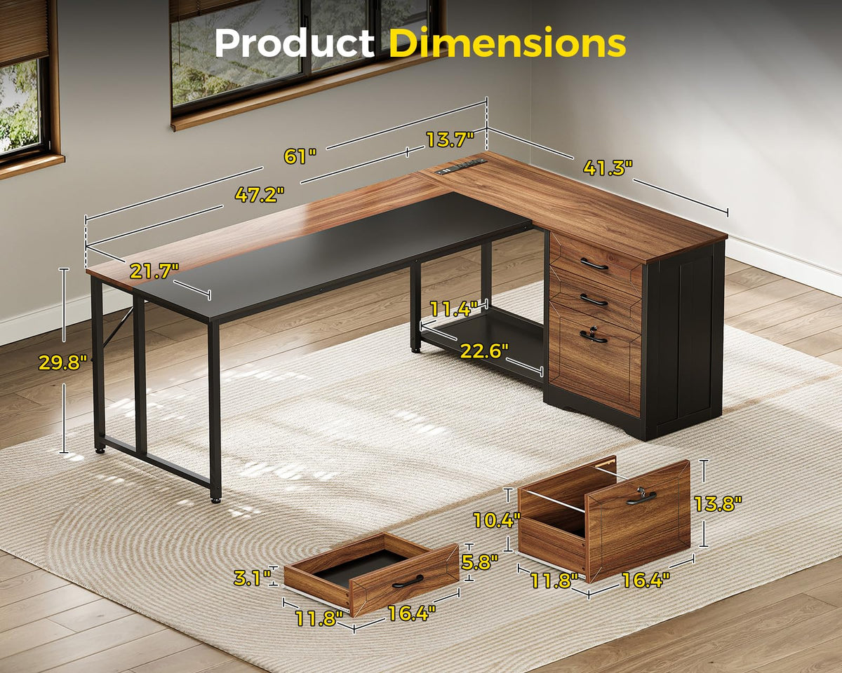 61" L Shaped Office Desk with Wood Drawers T30418