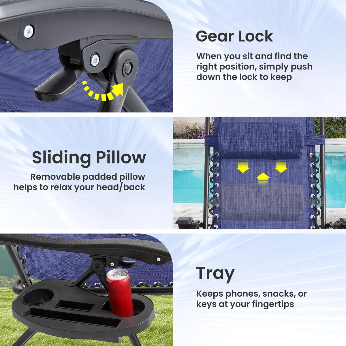 2 Pack Blue 7-Position Adjustable Zero Gravity Chairs with Tray N842366