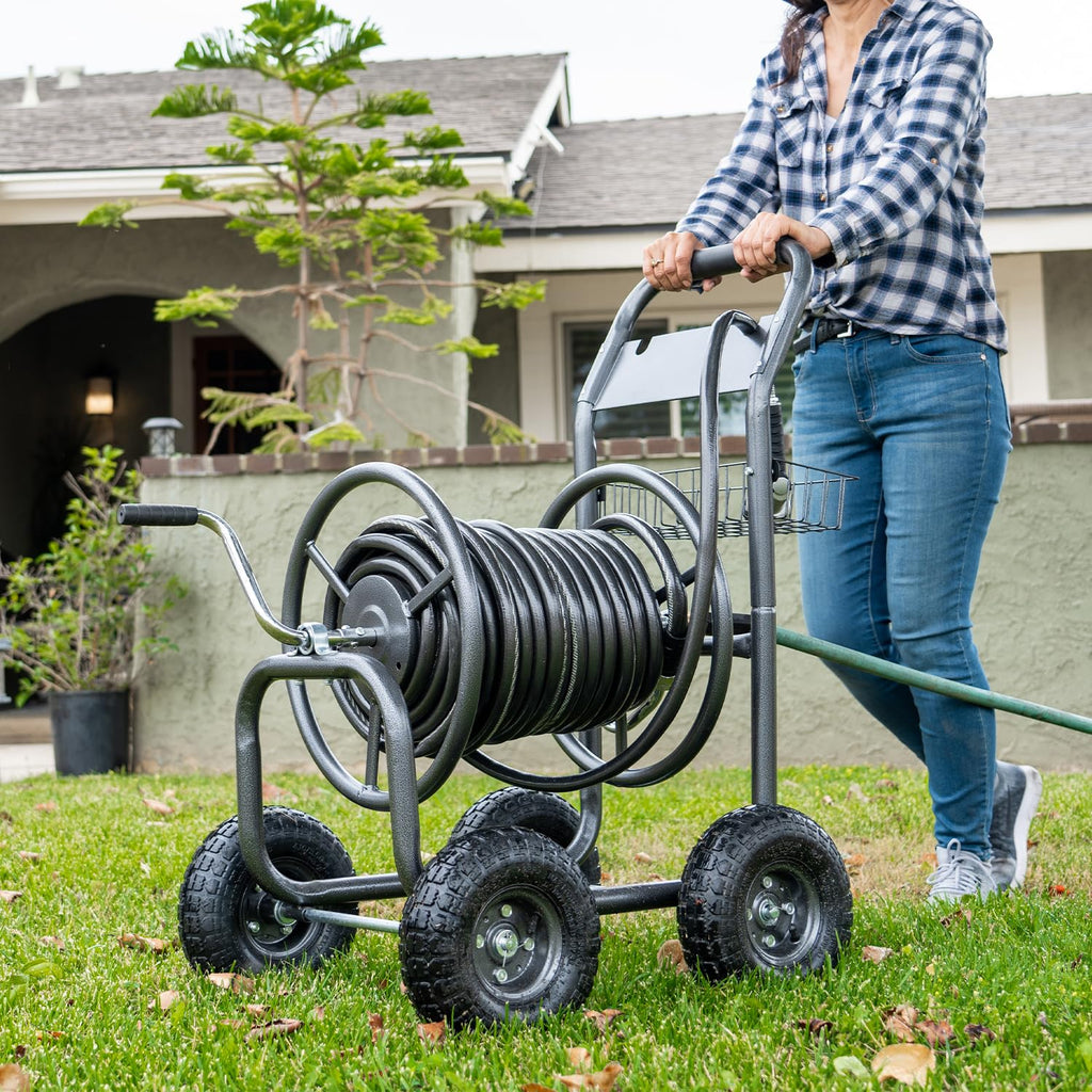 Hose Reel Cart with Wheels, 300-Feet Capacity, Grey L3492