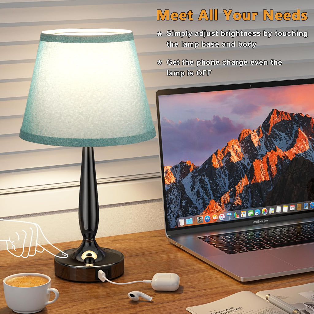 Touch Bedside Lamp with USB C Port, 3 Way Dimmable Turquoise Blue J557