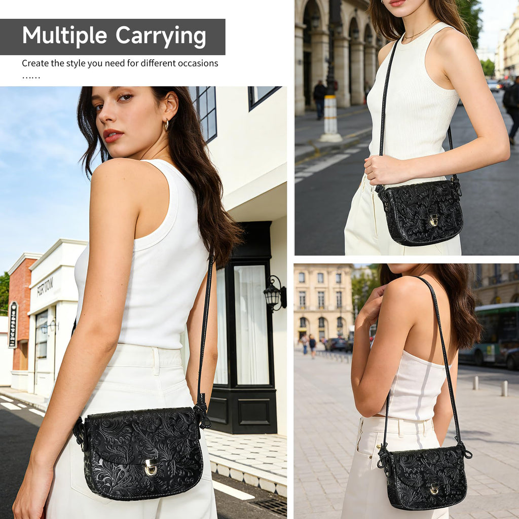 Genuine Leather Floral Embossed Crossbody Bag I89040