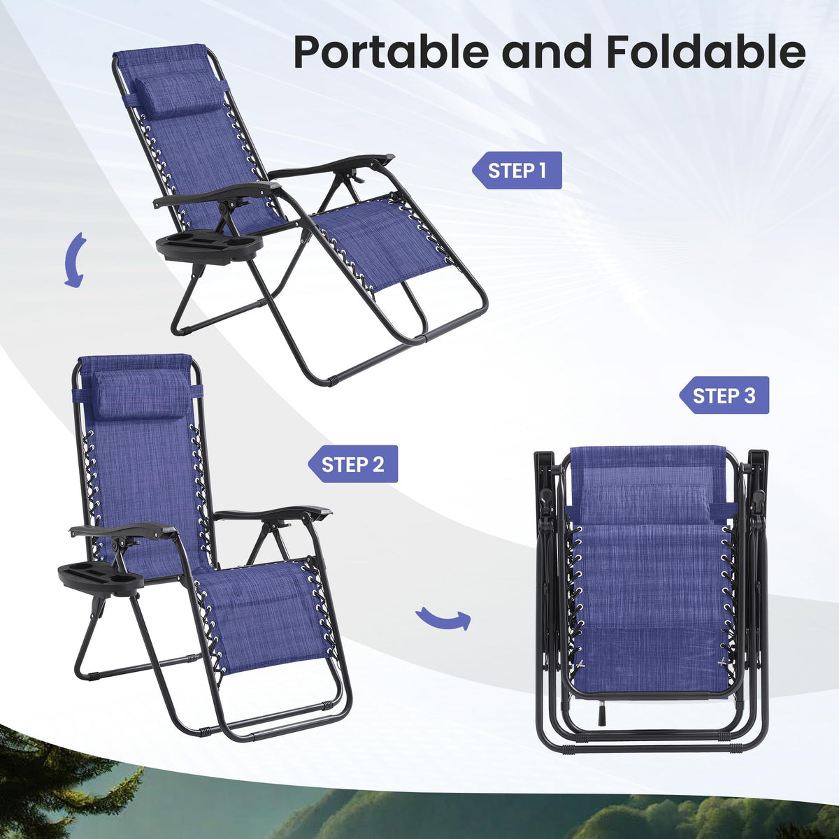 2 Pack Blue 7-Position Adjustable Zero Gravity Chairs with Tray N842366