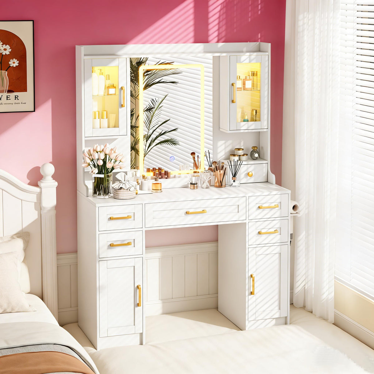 White Vanity Desk with Mirror, LED Lights and Power Outlet Q4424