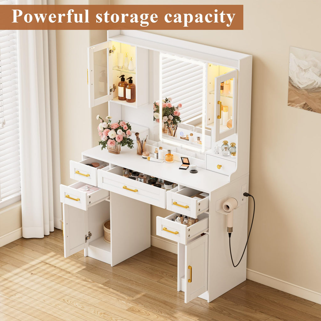 White Vanity Desk with Mirror, LED Lights and Power Outlet Q4424