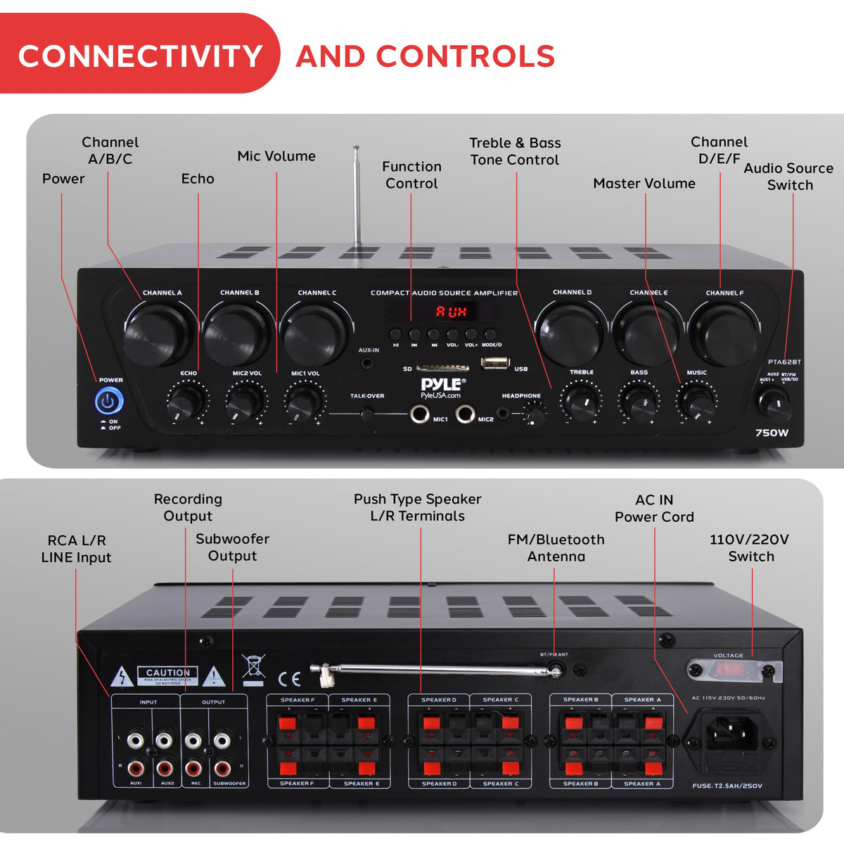 Wireless Bluetooth 6 Channel 750W Karaoke Amplifier C7182