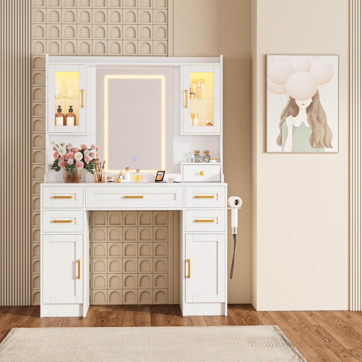 White Vanity Desk with Mirror, LED Lights and Power Outlet Q4424