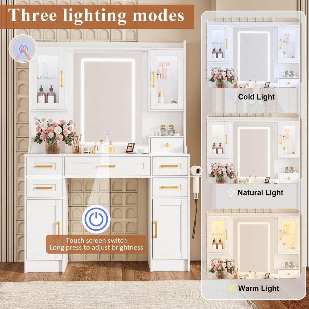 White Vanity Desk with Mirror, LED Lights and Power Outlet Q4424